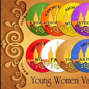 YW Young Women Values Printable 1&quot; inch circles. matches &quot;Press Forward&quot; mutual 2016 theme charms, stickers, or necklace kits