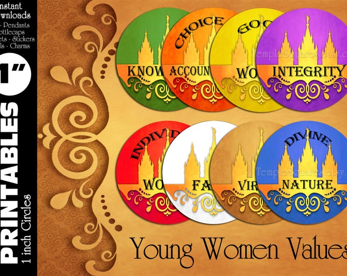 YW Young Women Values Printable 1" inch circles. matches "Press Forward" mutual 2016 theme charms, stickers, or necklace kits