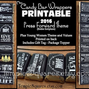Peut inclure: Emballages de barres chocolatées imprimables avec un design de tableau noir en noir et blanc. Les emballages présentent des citations des Écritures et sont sur le thème du thème des Jeunes Filles 2016 "Press Forward".