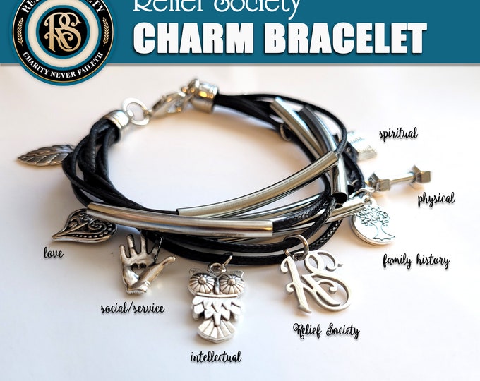 Multi Strand Relief Society Charm Bracelet.   RS Charm Plus Personal Development Charms. Christmas, Birthday Gifts, Presidency