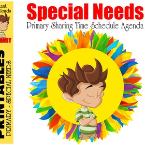 May include: Printable schedule agenda for primary students with special needs. The agenda features a cartoon boy with brown hair and a colorful sunflower design.