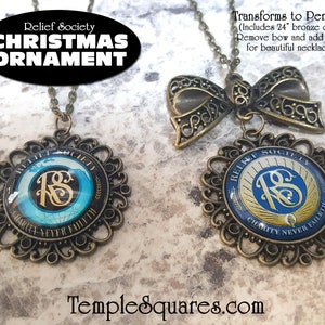 May include: A bronze Christmas ornament featuring the Relief Society logo with a blue and gold design. The ornament can be transformed into a pendant with a 24-inch bronze chain.
