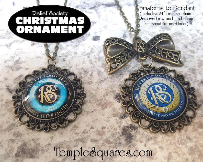 May include: A bronze Christmas ornament featuring the Relief Society logo with a blue and gold design. The ornament can be transformed into a pendant with a 24-inch bronze chain.