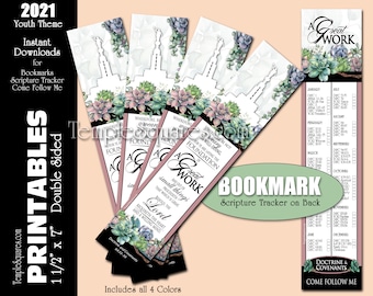 Printable Bookmarks 2021 Youth Theme A Great Work Scripture Tracker on Back YW YM Young Women Young Men Succulents Gifts Relief Society