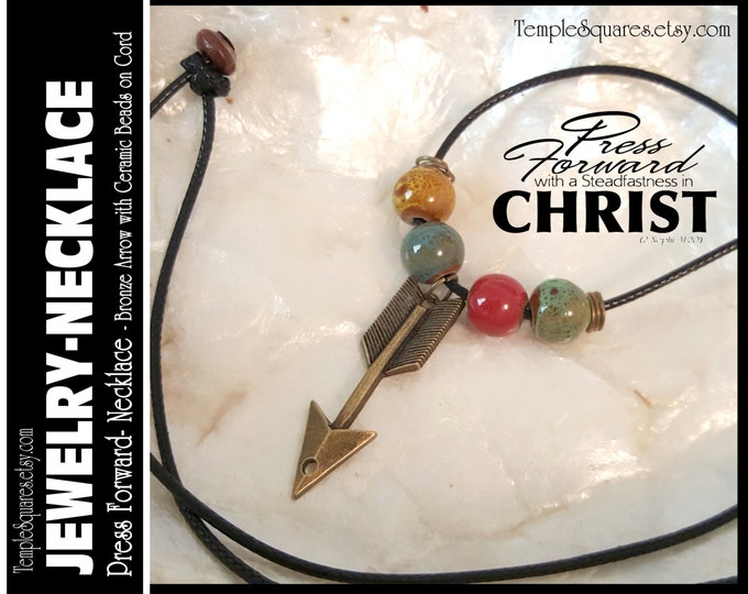 Arrow Charm Necklace. Press Forward 2016 Mutual Theme.  Ceramic Beads, Bronze Arrow Charms. LDS Jewelry Gifts YWIE Girls Camp RS Missionary