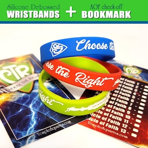 May include: Three silicone wristbands with white lettering. The blue wristband says "Choose the", the red wristband says "Right", and the green wristband says "Right". The wristbands are stacked on top of a bookmark with a shield design and the text "CTR CHOOSE THE RIGHT".