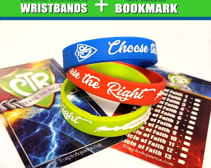 Bright Silicone Children's Wristband Bracelets. CTR Shield Choose the Right Temple Primary and Youth Theme + Articles of Faith Bookmark