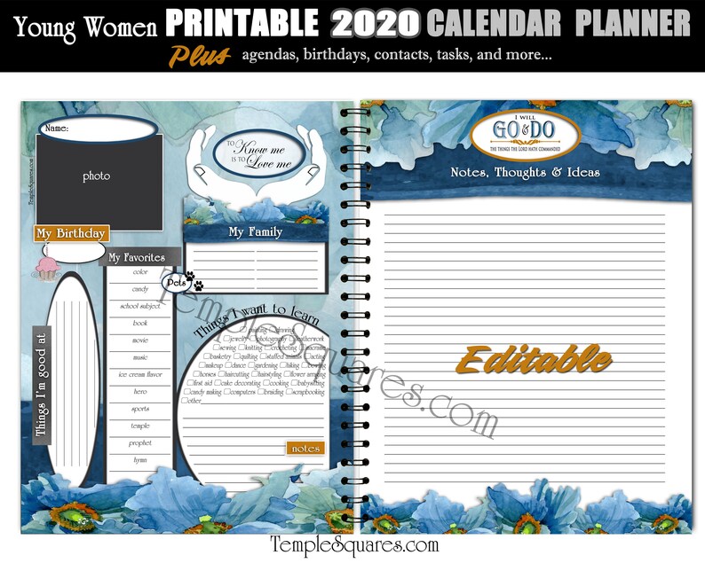 Editable PDF YW Presidency Calendar Planner Agendas Cover 2020 Etsy