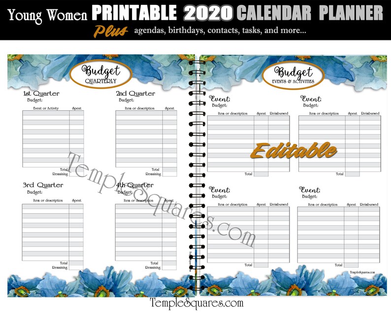 Editable PDF YW Presidency Calendar Planner Agendas Cover 2020 Etsy