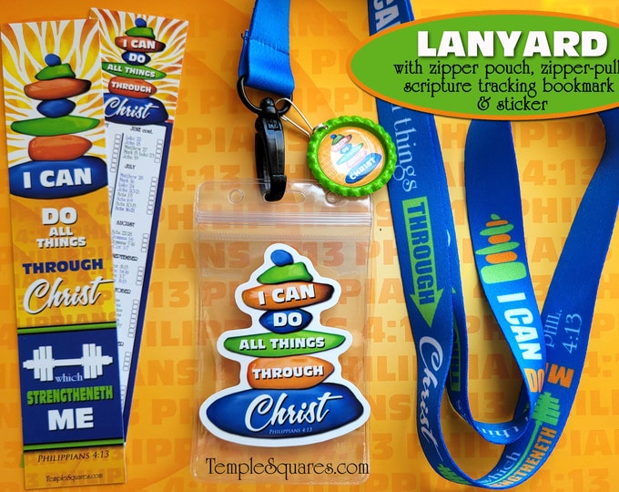 2023 Youth Theme I Can Do All Things Through Christ Lanyard with Pouch, Zipper Pull, Vinyl Sticker and Scripture Tracking Bookmark Primary