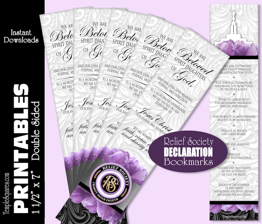 Printable Bookmarks Relief Society DECLARATION Charity Never Faileth. Two Sided With RS Emblem ...