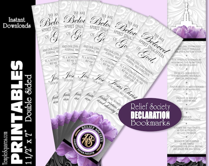 Printable Bookmarks Relief Society DECLARATION Charity Never Faileth. Two sided with RS emblem logo. Instant Download Digital File