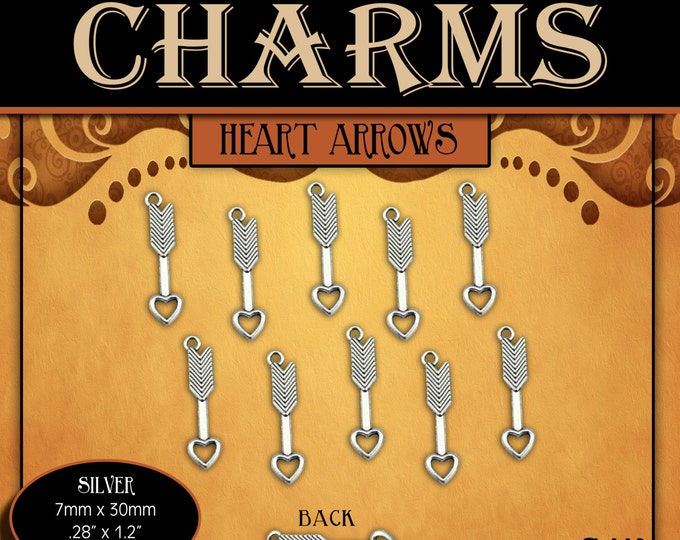 CHARMS - Heart Arrow Antique Silver - Pack of 10 Charms. DIY Love Jewelry Findings for Necklaces, Bracelets, Pendants, LDS Craft Supplies