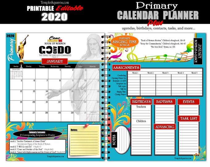 2020 Come Follow Me Go and Do Primary Presidency Calendar Planner LDS  Printable Editable  PDF Bundle Instant download binder DIY