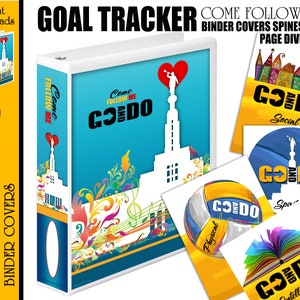 May include: A set of printable binder covers, spines, and page dividers for a "Come Follow Me" goal tracker. The covers feature a blue background with a white temple silhouette and colorful floral designs. The spines and page dividers feature a yellow background with the text "Go and Do" and different icons representing different categories, such as social, spiritual, physical, and intellectual.