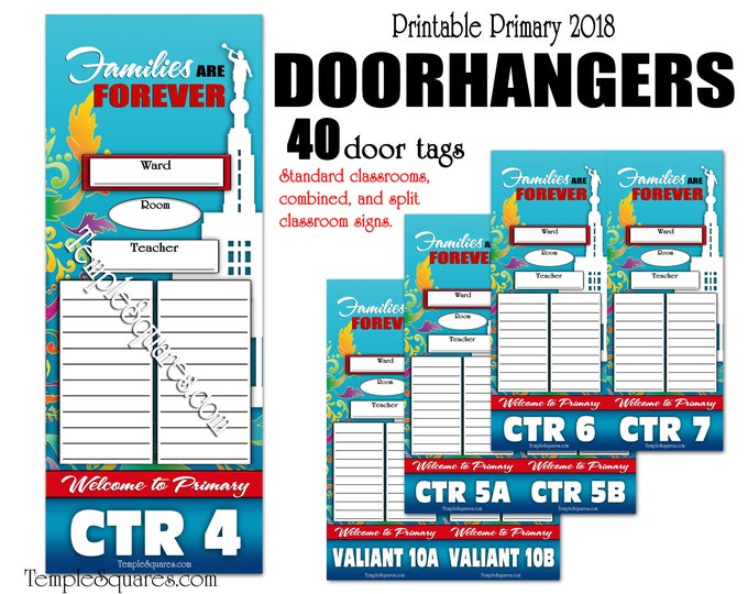 Primary Printable Editable PDF Door Hangers 2019 Theme Families Are Forever Signs for Standard Combined and Split Classes Come Follow Me