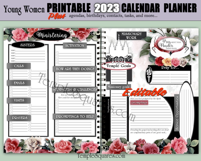 Editable PDF YW Presidency and Class Calendar Planner Agendas - Etsy