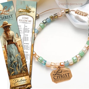 May include: A gold charm bracelet with a square charm that reads "Look Unto Christ Doubt Not-Fear Not". The bracelet is made of small, colorful glass beads and has a brown cord.