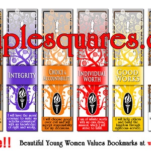 Peut inclure: Huit marque-pages colorés avec un motif d'arbre et une torche en bas. Chaque marque-page présente une valeur différente : Connaissance, Vertu, Intégrité, Choix et responsabilité, Valeur individuelle, Bonnes œuvres, Foi, Nature divine. Les marque-pages font partie d'un ensemble et affichent le site Web templesquares.com en haut.