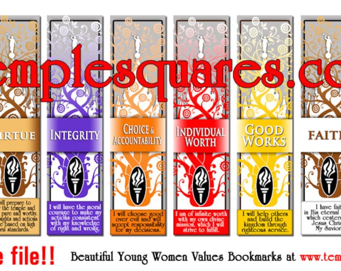 LDS YW Young Women Values Printable Bookmarks Large 2"x8" size. Eight bookmarks. Four per 8 1/2"x11" page.  Fun DIY craft, activity or gift.