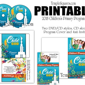 Puede incluir: Programa de Primaria para niños de 2018 imprimible con dos estilos de DVD/CD, una funda de CD, una portada de programa y 4x6 invitaciones. El diseño presenta un fondo azul con notas musicales, un templo y las palabras "Soy un hijo de Dios".