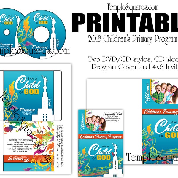 Printable CD labels for 2018 Children's Primary Program Songs, label, envelope, Program Cover, 4x6 invitations and Black and White Program