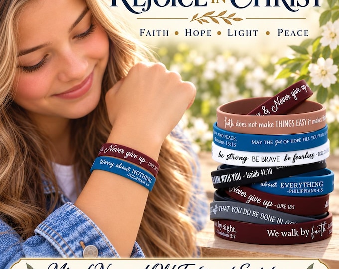 Rejoice in Christ -Old and New Testament Scripture Verses Silicone Wristband Bracelets Variety of Bible Verses. Christmas or Birthday Gifts