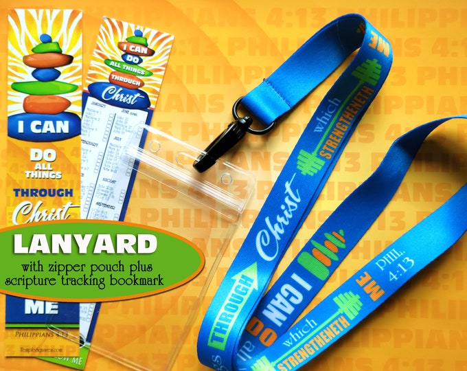 YW 2023 Youth Theme I Can Do All Things Through Christ Colorful Lanyard, Zipper Pouch and Scripture Tracking Bookmark Primary