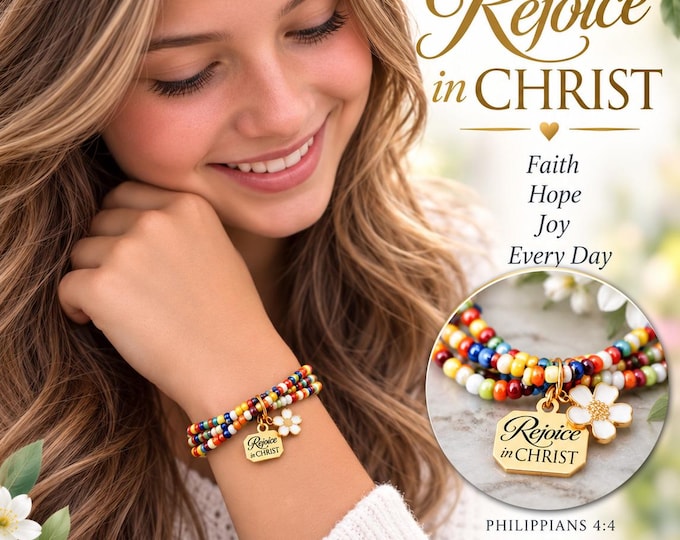 2027 Rejoice in Christ Colorful Beaded Bracelet with Stainless Steel Engraved Charm. 2027 YW Young Women Theme Jewelry Birthday Girls Camp