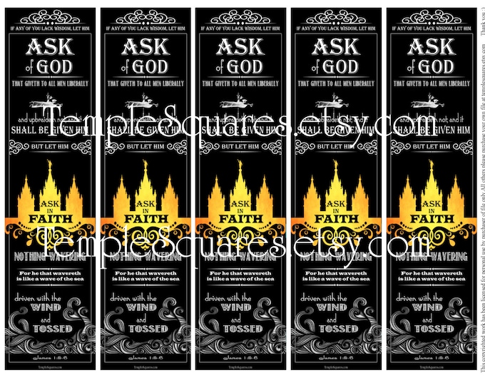 PRINTABLE Bookmarks YW Ask of God Askin Faith Young Women Mutual Theme Chalkboard style 2 sizes LDS James 1: 5-6 Temple Art Collage