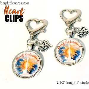 2024 Young Women Theme &quot;Think Celestial&quot; Sunburst with Temple Glass Heart Clip Keychain with Bookmark. Birthday Relief Society