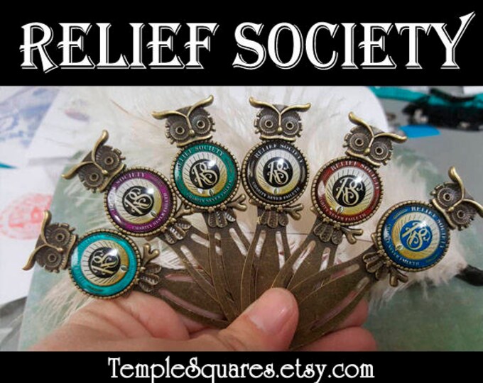 Relief Society Bronze Owl Bookmark with a Glass Relief Society Symbol Seal in Six Colors Christmas Gifts or Birthday Gift Visitiing Teaching
