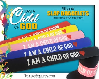 Personal listing for LARA - Primary  "I Am A Child Of God" silicone slap bracelet wristbands.