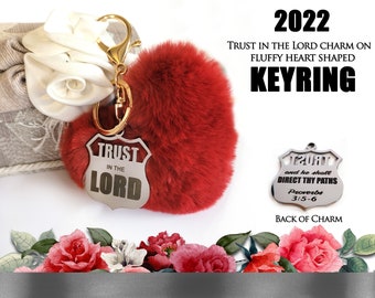 Valentines 2022 Trust in the Lord Stainless Steel Engraved Keyring or Purse Clip on Fluffy Red Heart Young Women Key Chain Young Women