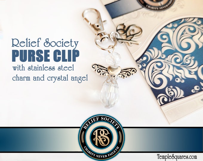 Beautiful Relief Society Purse Clip. Stainless Steel RS Charm and Crystal Angel 2024 LDS Logo Emblem Symbol Scripture bag clip
