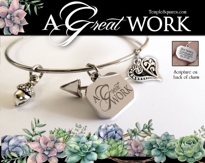 A Great Work YW Theme Engraved Charm Bracelet Bangle Young Women Jewelry Charms Missionary gift New Beginnings Relief Society Christmas LDS