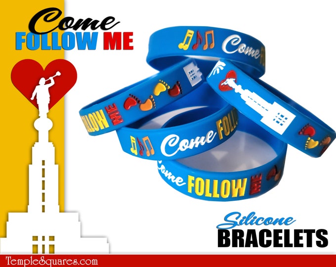 Colorful Silicone Childrens Wristband Bracelets. "Come Follow Me" Primary and Youth Theme Gift