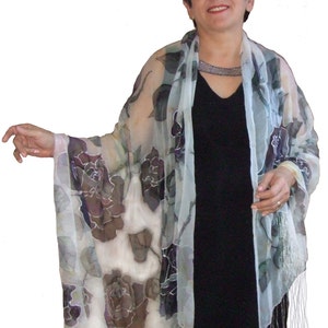 Silk Shawl ROSES on WHITE Hand painted Make to order Wrap Hijab Veil Dupatta Exclusive Wearable Art Long Large Scarf with Fringe