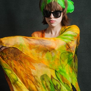 Silk Shawl SUNFLOWERS Hand painted Wrap Hijab Veil Dupatta Exclusive One of a kind Wearable Art Long Large Scarf with Fringe