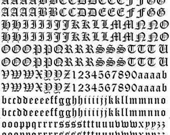 Old English Font Alphabet Black Silk Screen Enamel Fused Glass Decals 6"X7" Card 17CC830