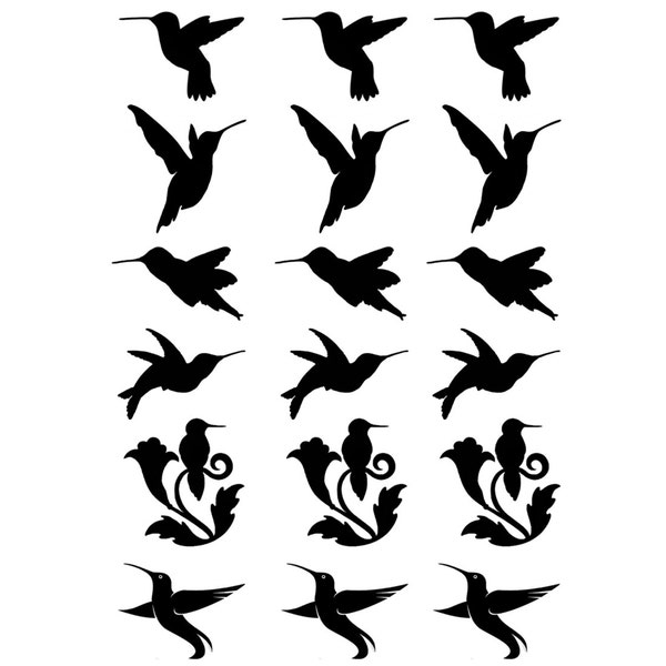 Hummingbirds 18 pcs 1" Black Fused Glass Decals