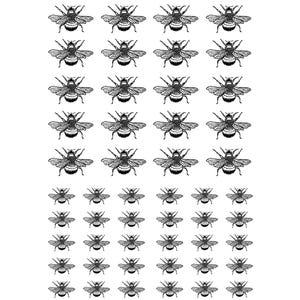 May include: A sheet of black and white bee stickers featuring a grid of twenty larger illustrations at the top and thirty smaller illustrations at the bottom. Each bee is depicted with detailed wings, a striped abdomen, and six visible legs.