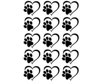 Heart Paw Print 15 pcs 1 Inch Black Fused Glass Decals