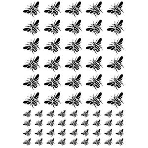 May include: A sheet of black bee stickers featuring a repeating pattern of insects. The design includes six rows of five larger bees at the top and four rows of nine smaller bees at the bottom, all displayed against a plain white background.