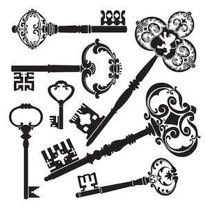 May include: A set of eight black and white ornate skeleton keys with intricate designs. The keys are all different shapes and sizes, and some have decorative flourishes.