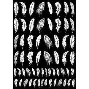 Peut inclure: Une feuille noire présentant une collection d'illustrations de plumes blanches disposées en rangées. Le motif comprend diverses formes de plumes, y compris des plumes de type classique et des plumes de paon détaillées, le tout en contraste blanc.