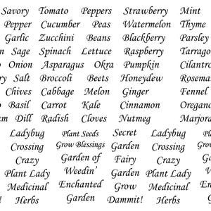 May include: A white background featuring a repeating list of black text in a serif font. The words include various herbs, vegetables, fruits, and phrases such as Mint, Savory, Tomato, Peppers, Strawberry, Secret Garden, Ladybug Crossing, and Plant Seeds.