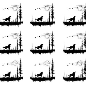 May include: A sheet containing nine identical black and white graphic decals. Each decal features a silhouette of a wolf howling at a full moon, set against a landscape with tall pine trees and a small flock of birds flying in the distance.