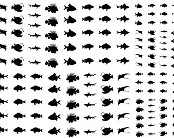 Könnte beinhalten: Eine Sammlung schwarzer Silhouetten verschiedener Meeresbewohner, darunter Haie, Rochen, Anglerfische und stachelige Fische, die in einem Raster auf weißem Hintergrund angeordnet sind und vielfältige aquatische Formen zeigen.