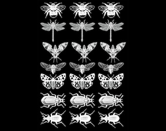 May include: A black sheet featuring a grid of white line art illustrations of various insects. The design includes rows of bees, dragonflies, moths, cicadas, and beetles, all rendered in a detailed, monochromatic, sketch-like style.